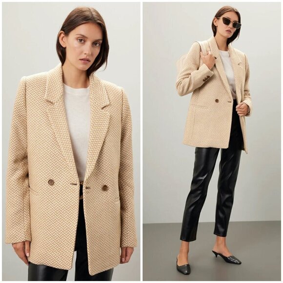 💕ANINE BING💕 Tweed Double Breasted Fishbone Blazer ~ Tan & Cream XL - Picture 5 of 16